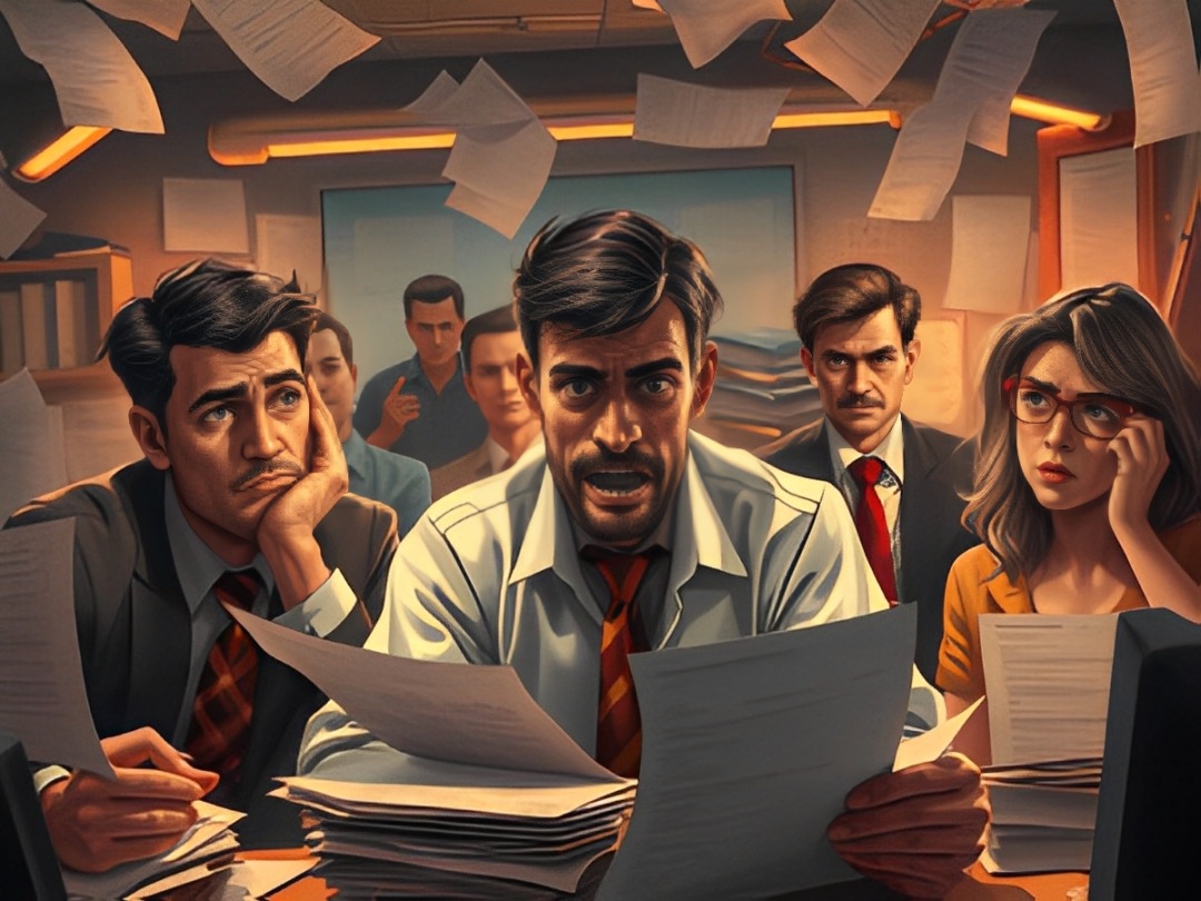 A group of five stressed professionals scrutinizes paperwork in a cluttered office. Their expressions convey urgency and concern about a looming deadline.