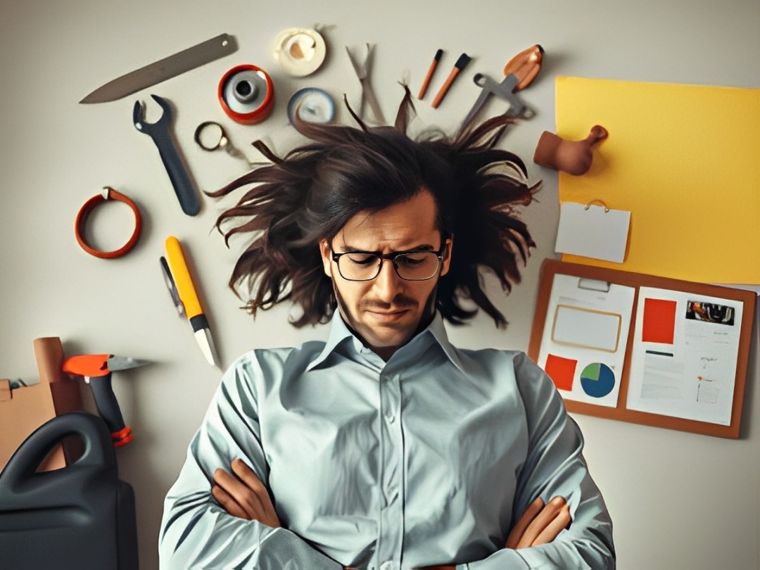 A man with long hair and glasses rests on a workspace surrounded by tools and papers, conveying a sense of overwhelm or stress.